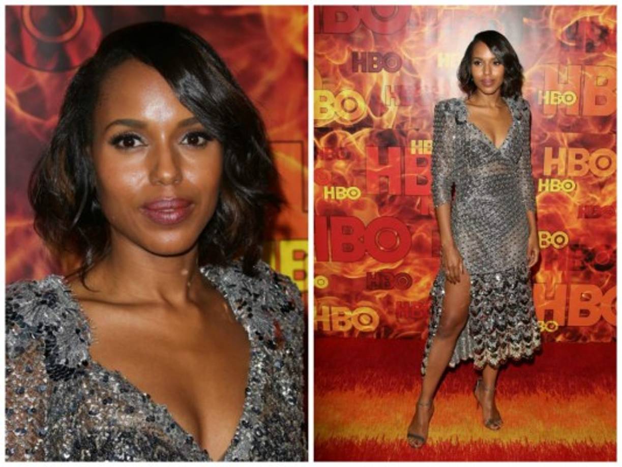 Kerry Washington lució un vestido plateado con detalles brillantes que dejó a la vista sus espléndidas piernas.