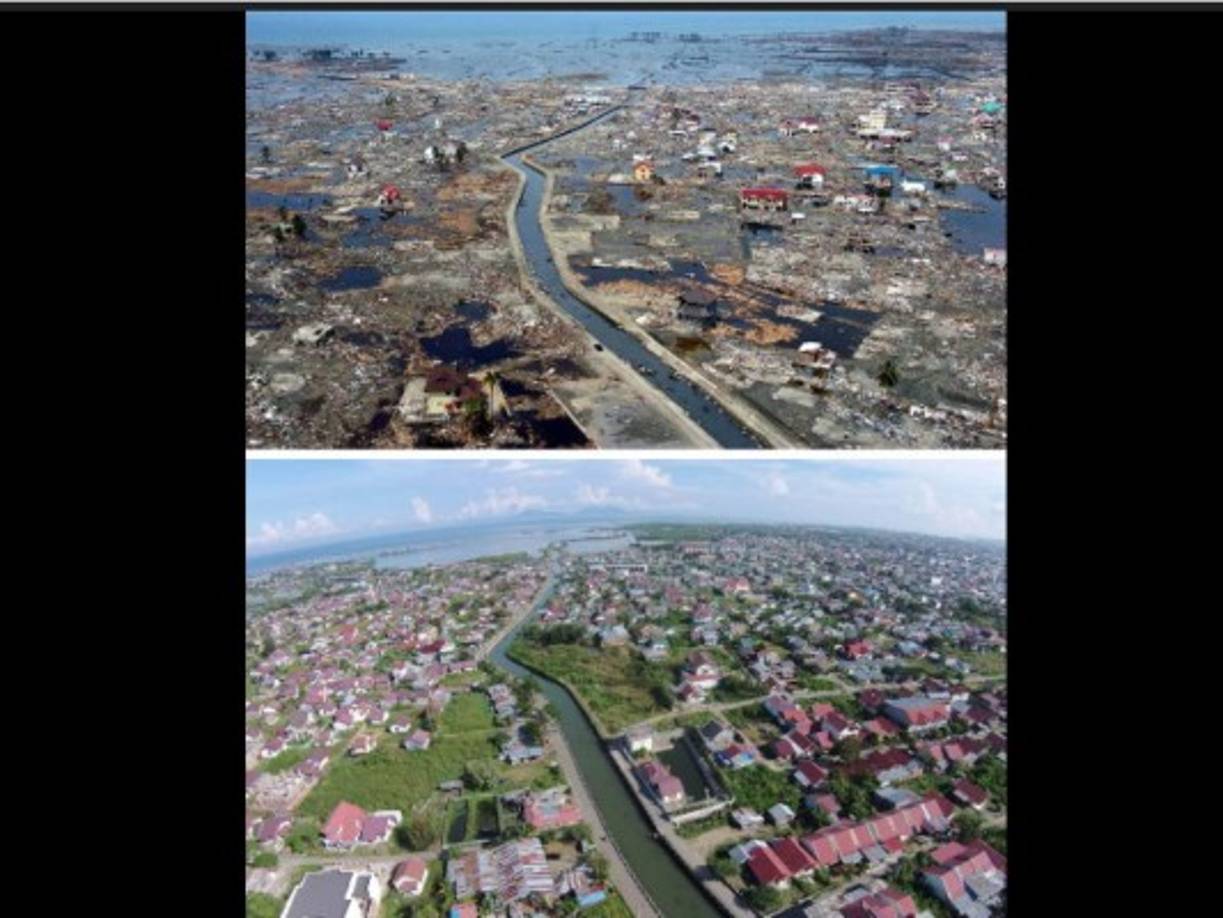 El 26 de diciembre de 2004, Sudeste de Asia: un gran sismo de los llamados 'megaterremotos', de una magnitud de 9,3 --el más poderoso de los últimos 40 años--, golpeó Aceh, en el norte de la isla indonesia de Sumatra, y provocó un tsunami que se sintió en lugares tan alejados como la costa de Somalia.<br/><br/>Las olas llegaron a varios países del océano Índico y provocaron la muerte de 170.000 personas solo en Indonesia, la mayoría en la provincia de Aceh.<br/><br/>En otros países el balance fue de unos 50.000 muertos, lo que eleva la cifra total de víctimas a unas 220.000 personas, convirtiéndose en uno de los desastres naturales más dramáticos de la historia humana.<br/><br/>Según el Instituto Geológico de Estados Unidos, el sismo liberó una energía equivalente a la de 23.000 bombas como la lanzada sobre Hiroshima.<br/><br/>En esta imagen, AFP pudo comparar lo devastador de este desastre natural.