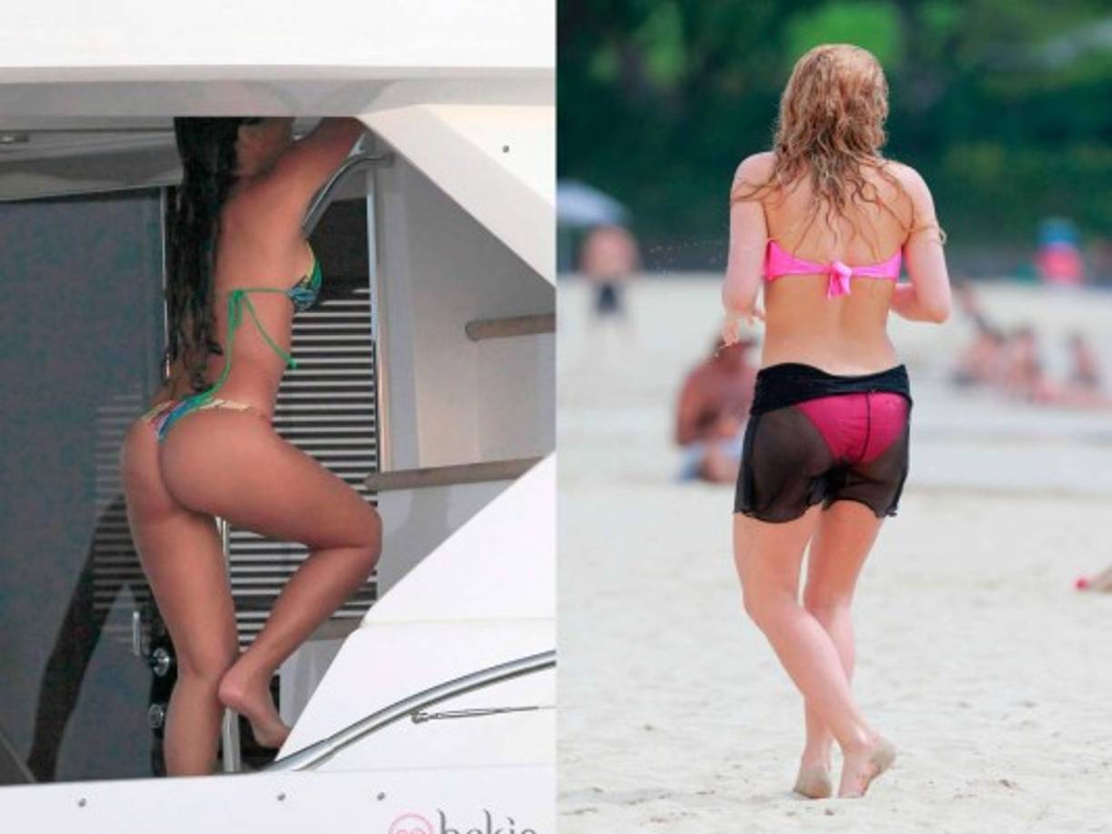 Roccuzzo le ha pasado por delante a Shakira. El bikini minúsculo de la argentina contrasta completamente con la tela que luce la colombiana de cintura para abajo.