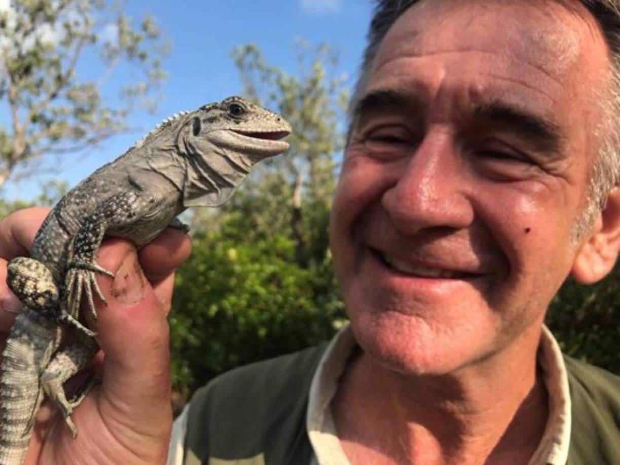 En la imagen, el simpático documentalista británico muestra a la cámara un ejemplar de iguana.
