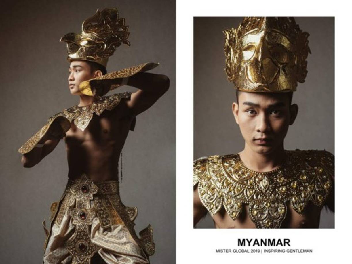 El representante de Myanmar, Thiha Kyaw, fue el ganador a mejor traje típico por su espectacular atuendo dorado que rememora a los uniformes de los antiguos luchadores de esta nación asiática.