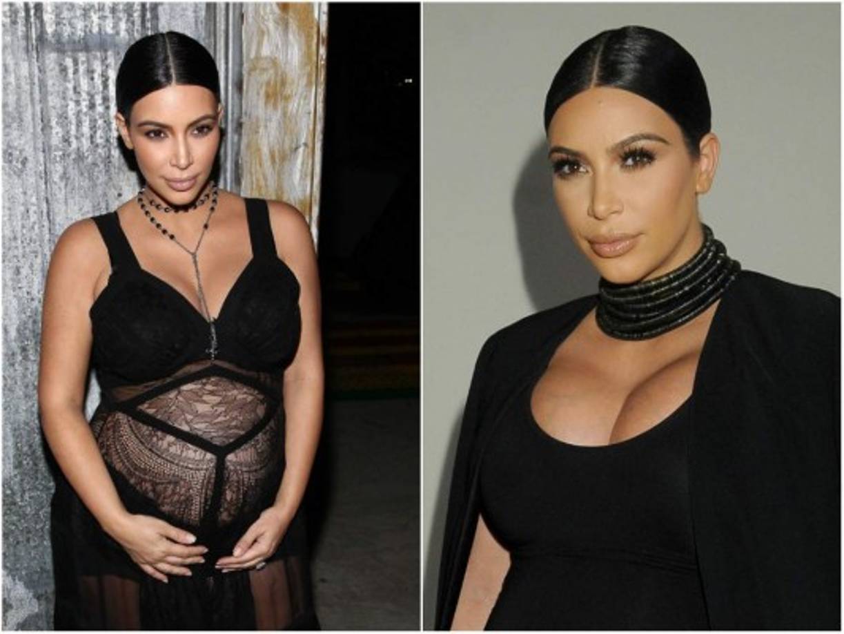 Año 2015: Kim apuesta por lucir un maquillaje nude y look completamente negros. Está a punto de dar a luz a su segundo hijo del rapero Kanye West.