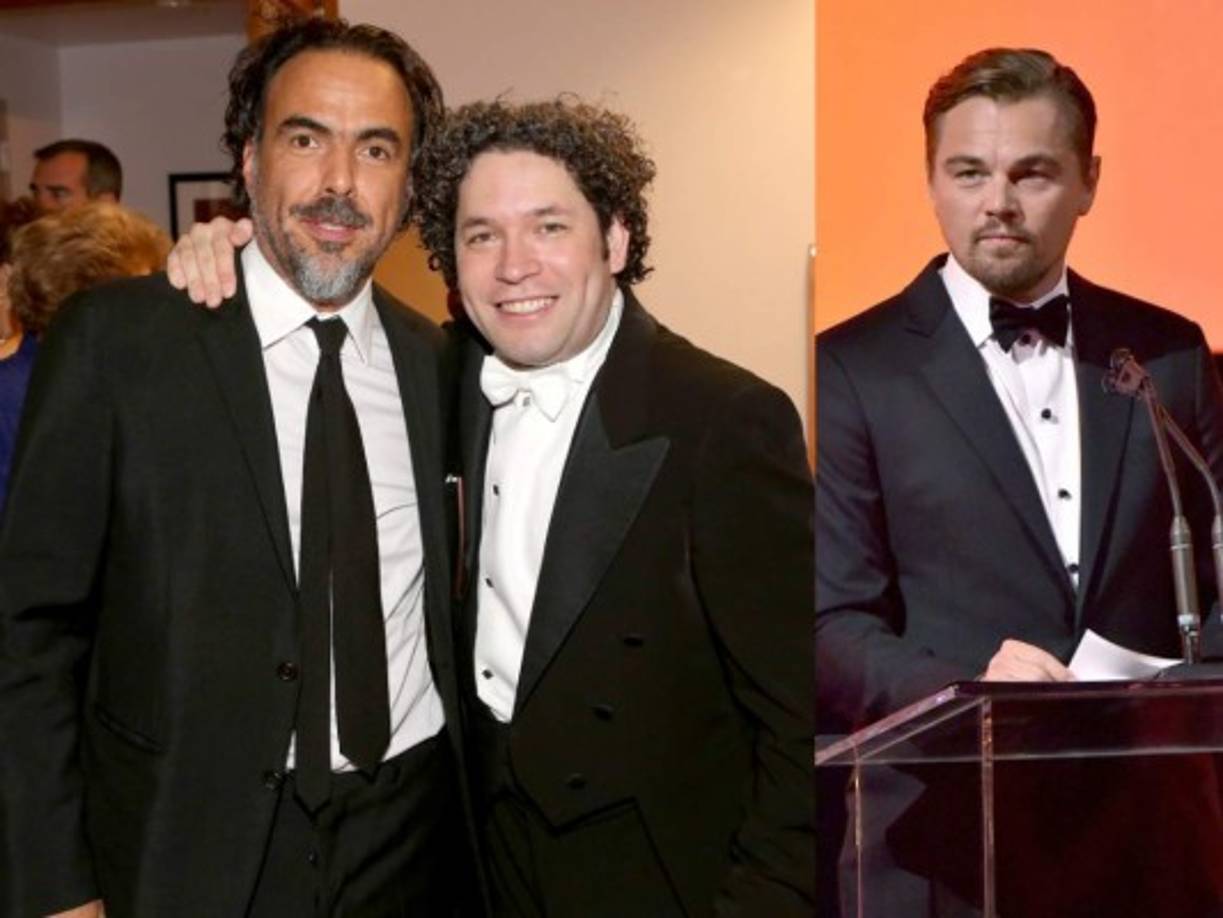 El director de cine Alejandro González Iñárritu junto al director de orquesta Gustavo Dudamel. En la otra imagen el actor, Leonardo Dicaprio.