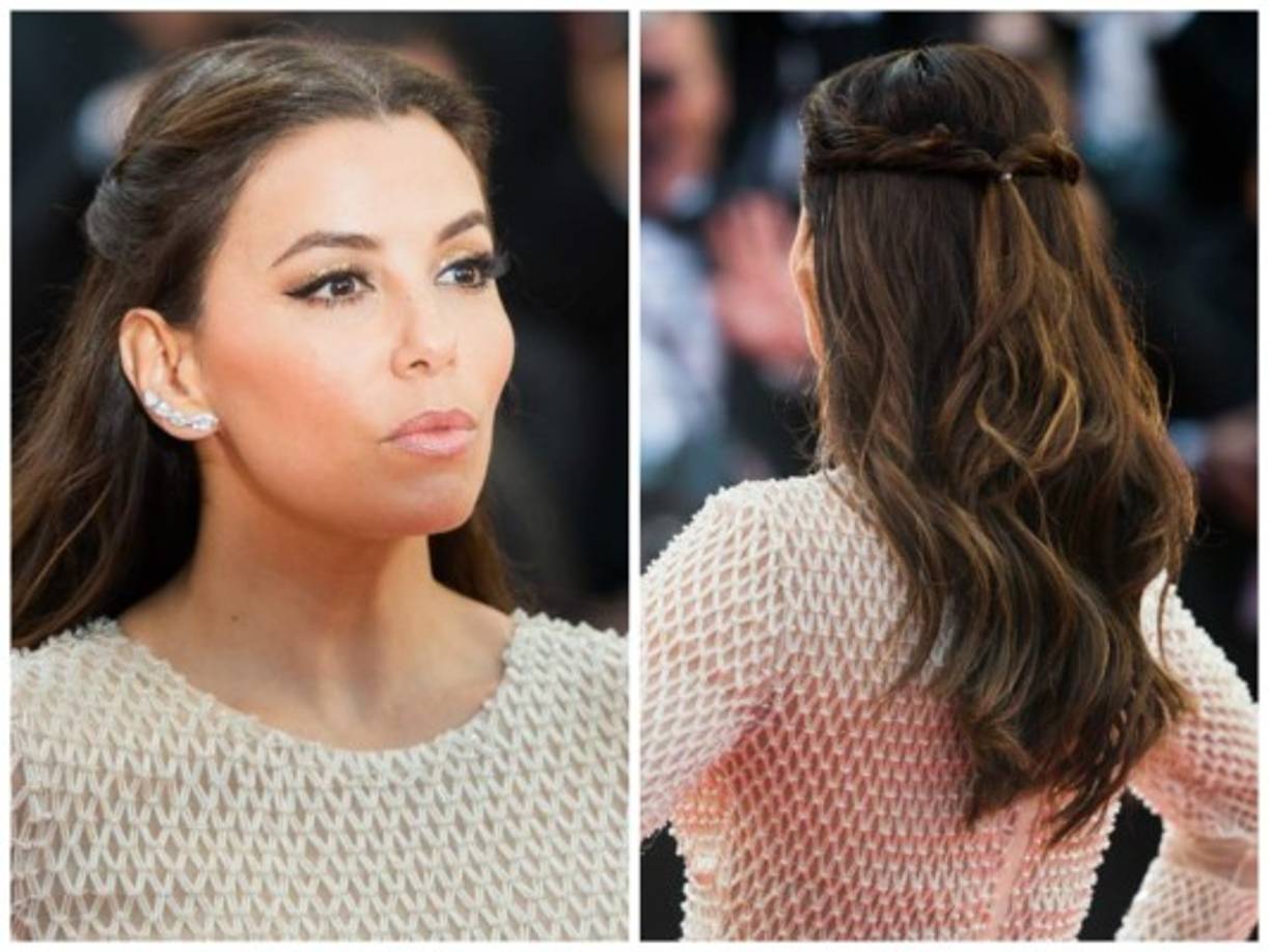 Eva Longoria optó por un semirrecogido trenzado, con el pelo ligeramente ondulado. En su maquillaje, la actriz fue fiel a sus pestañas XXL, una de sus señas de identidad, pero llamaron la atención, sobre todo, los apliques dorados de glitter en sus ojos.