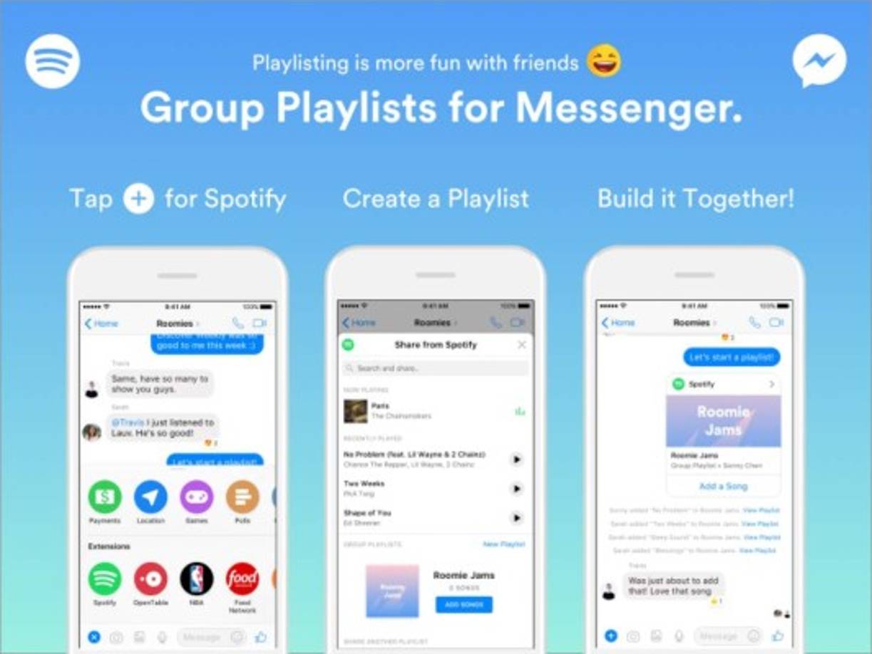 Spotify dejará crear playlists colaborativas en chat de Facebook<br/><br/>La plataforma de música Spotify permite ahora a sus usuarios crear listas de reproducción colaborativas en Facebook Messenger. <br/>Con 'Group Playlists', disponible a través del símbolo azul '+', se podrán generar nuevos listados, compartirlos en la aplicación de chat y añadir a amigos a la conversión para sus sumar sus canciones preferidas, todo sin salir de la ventana de chat.