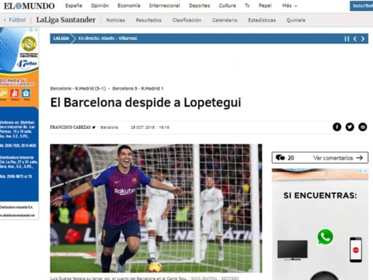 Diario El Mundo de España: 'El Barcelona despide a Lopetegui'.