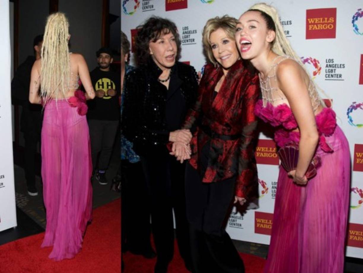 Miley Cyrus con sus amigas actrices Lily Tomlin y Jane Fonda.