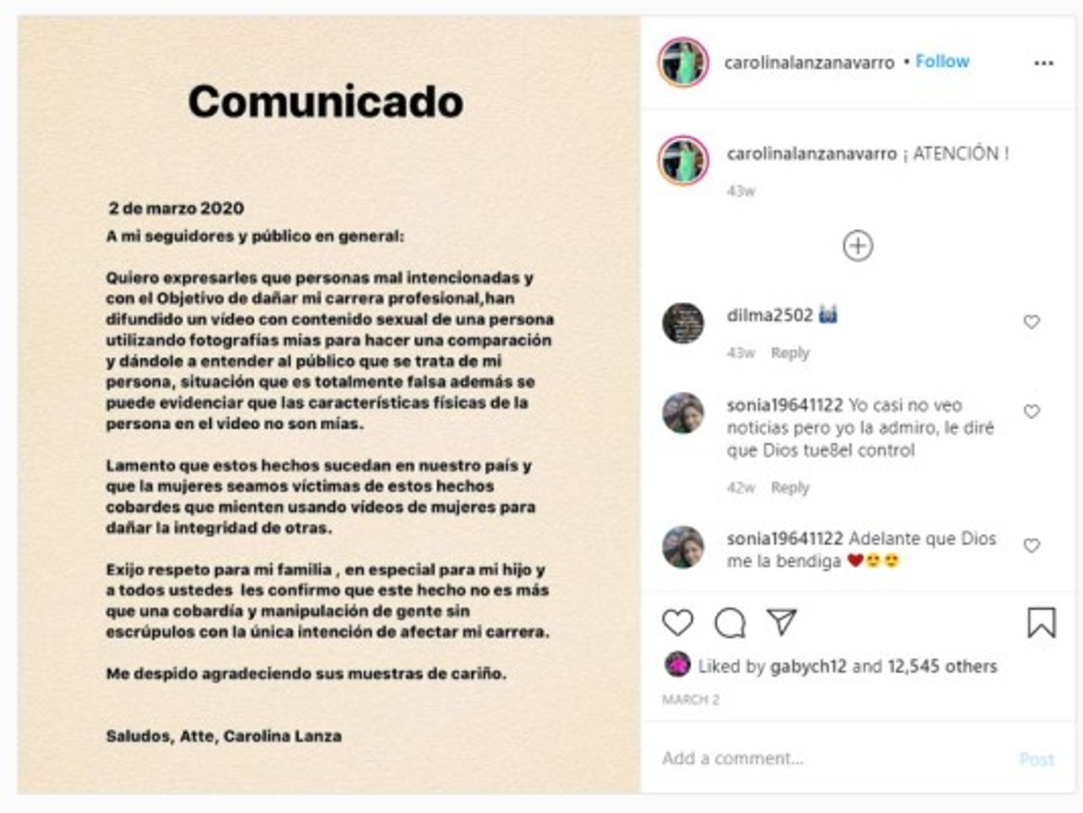 Carolina Lanza recurrió a sus redes sociales para desmentir dicha información y pidió respeto para ella y su familia. Finalmente se aclaró que no era ella la chica del candente video que se hizo viral en redes sociales.