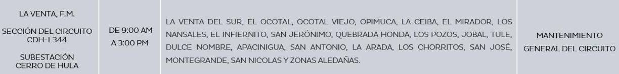 En La Venta, Francisco Morazán, la Enee programó interrupciones de electricidad para este jueves. 