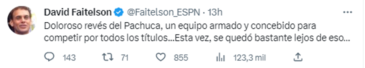 Y agregó: “Doloroso revés del Pachuca, un equipo armado y concebido para competir por todos los títulos...Esta vez, se quedó bastante lejos de eso...”