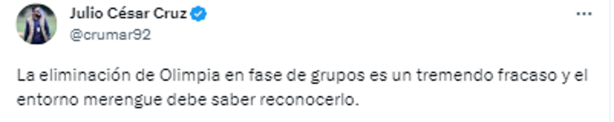 Julio Cruz, periodista de El Heraldo: “La eliminación de Olimpia en fase de grupos es un tremendo fracaso y el entorno merengue debe saber reconocerlo”.