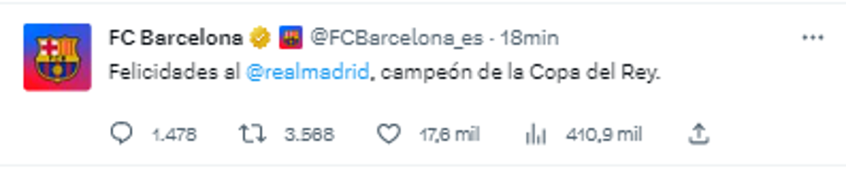 El FC Barcelona envió un mensaje tras el título de la Copa del Rey para el conjunto blanco: “Felicidades al Real Madrid, campeón de la Copa del Rey”.