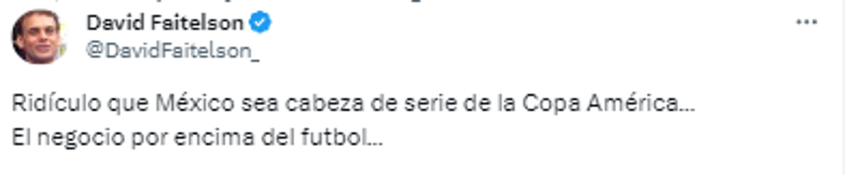 Sobre esto el polémico periodista David Faitelson expresó: “Ridículo que México sea cabeza de serie de la Copa América. El negocio por encima del fútbol”.
