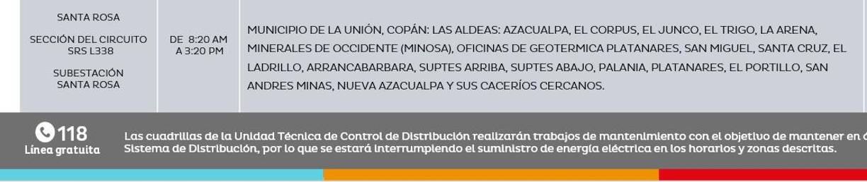 Listado de sectores de Santa Rosa de Copán que estarán sin luz este martes 12 de noviembre. 