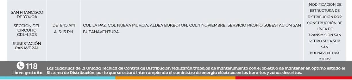 El municipio de San Francisco de Yojoa, en el extremo sur del departamento de Cortés, se verá afectado por las interrupciones de energía eléctrica. El corte eléctrico está programado desde las 8:15 am a 5:15 pm. 