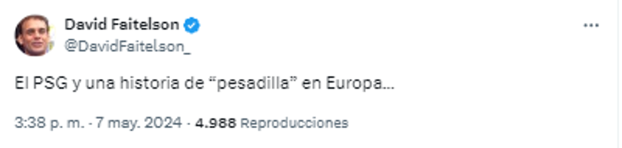 “El PSG y una historia de “pesadilla” en Europa...”, comentó en sus redes sociales David Faitelson.