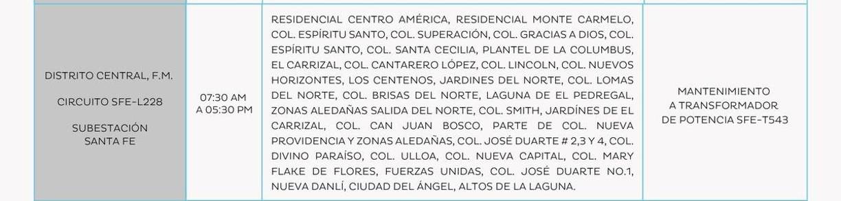 Otras zonas sin luz en el Distrito Central desde las 7:30 am a 5:30 pm. 