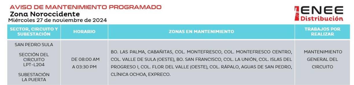 Cortes de electricidad en barrios y colonias de San Pedro Sula. (8:00 am - 3:30 pm)