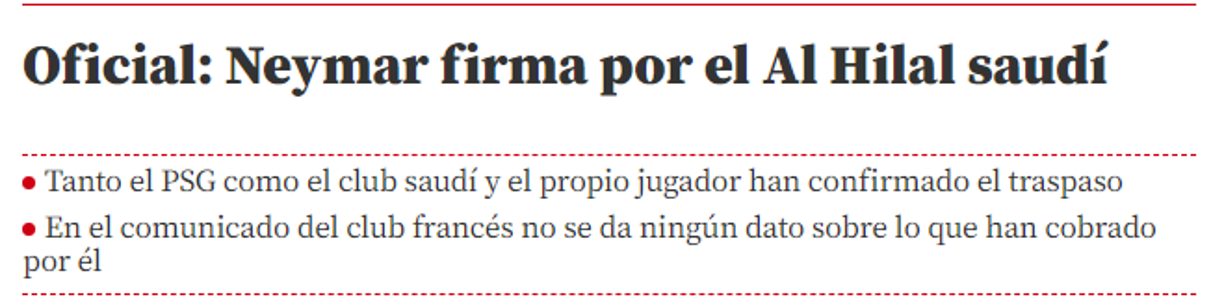 Mundo Deportivo de España: “Oficial: Neymar firma por el Al Hilal saudí”.