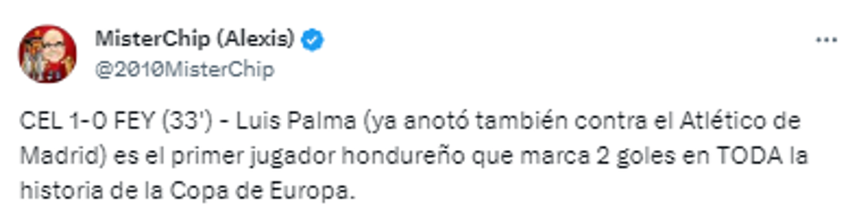 El dato histórico de Mister Chip desde España sobre el futbolista hondureño: “Luis Palma (ya anotó también contra el Atlético de Madrid) es el primer jugador hondureño que marca 2 goles en TODA la historia de la Copa de Europa”.