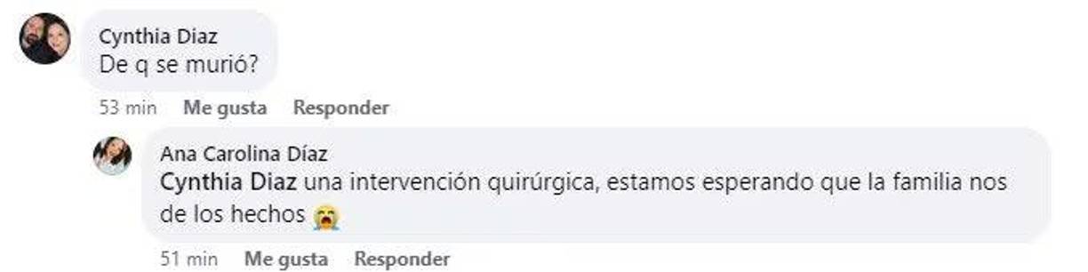 Una chica que lamentó la muerte del cantante con una imagen reciente del mismo, contestó a uno de sus comentarios que le preguntaba qué pasó con la salud del ex Menudo: “De una intervención quirúrgica, estamos esperando que la familia nos dé los hechos”.