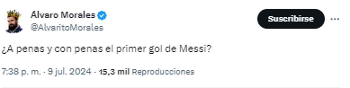 El polémico periodista, Álvaro Morales, tras el gol de Messi: “¿A penas y con penas el primer gol de Messi?”