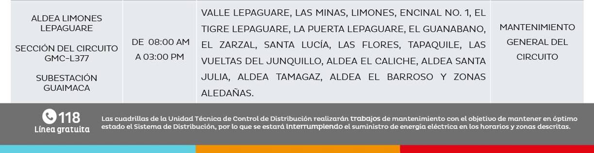 En Lepaguare, Olancho, estarán sin luz por siete horas este martes. 