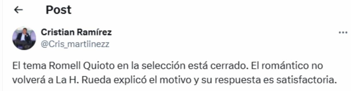 ”El tema Romell Quioto en la selección está cerrado”, coincide la mayoría luego de las declaraciones de Reinaldo Rueda.
