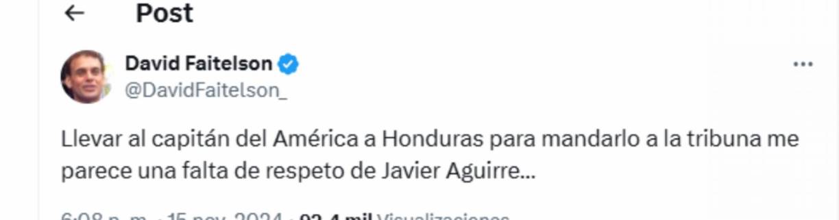 “Llevar al capitán del América a Honduras para mandarlo a la tribuna me parece una falta de respeto de Javier Aguirre”, señaló Faitelson en referencia al hecho de que Henry Martín no fue tomado en cuenta para el Honduras vs México. 