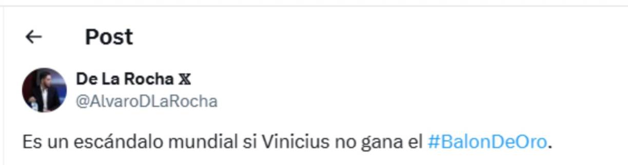 ”Es un escándalo mundial si Vinicius no gana el Balón de Oro”, indicó Álvaro de la Rocha. 