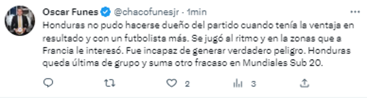 Óscar Funes, periodista: Honduras fue incapaz de generar verdadero peligro. Honduras queda última de grupo y sumó otro fracaso en los Mundiales Sub 20”.