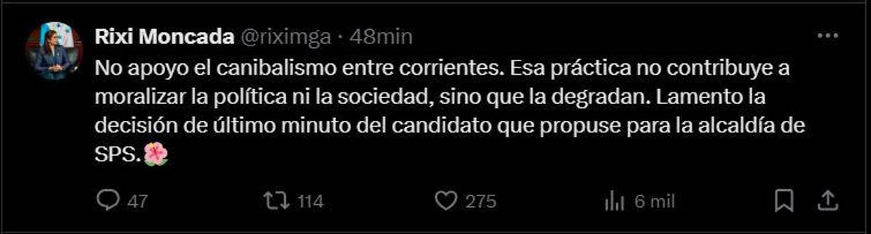 La publicación de Rixi Moncada en X. 