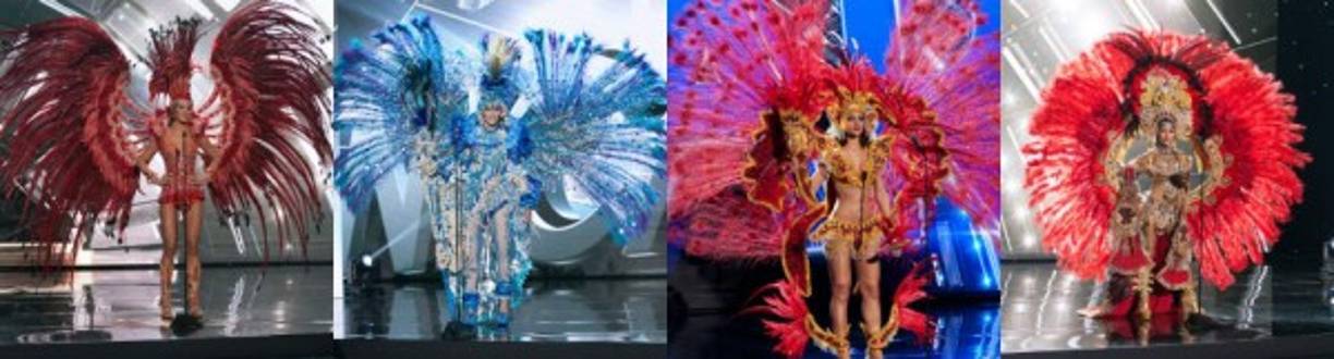 COINCIDENCIAS. Las reinas de Venezuela, Nicaragua, República Dominicana y Panamá lucieron atuendos de similar diseño con enorme volumen creado con miles de costosas plumas y recamado con pedrería de tonos opulentes. Todo era estilo carnavalesco y muy colorido. Durante la filmación, el público comentó que los cuatro diseños se parecían y solo variaban por el color.