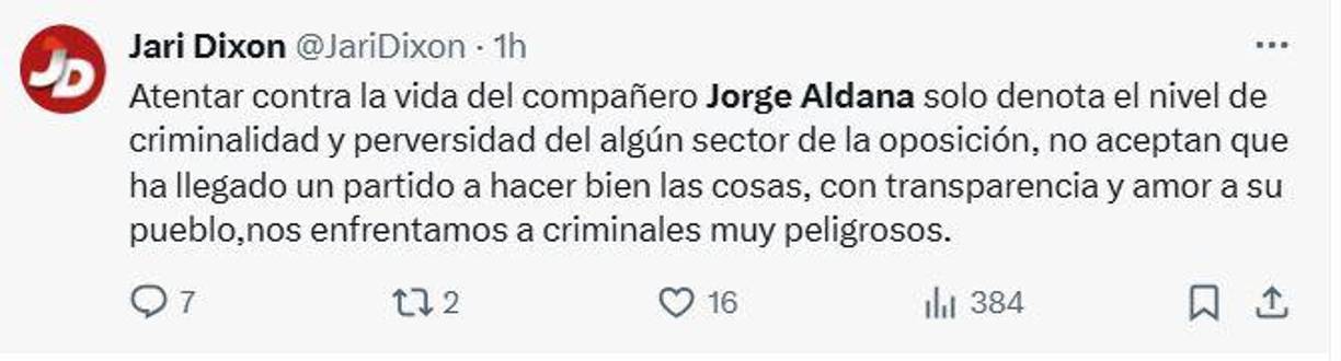Jari Dixon, diputado del Partido Libre, dejó un mensaje en sus redes sociales, lamentando los atentados contra el edil capitalino. 