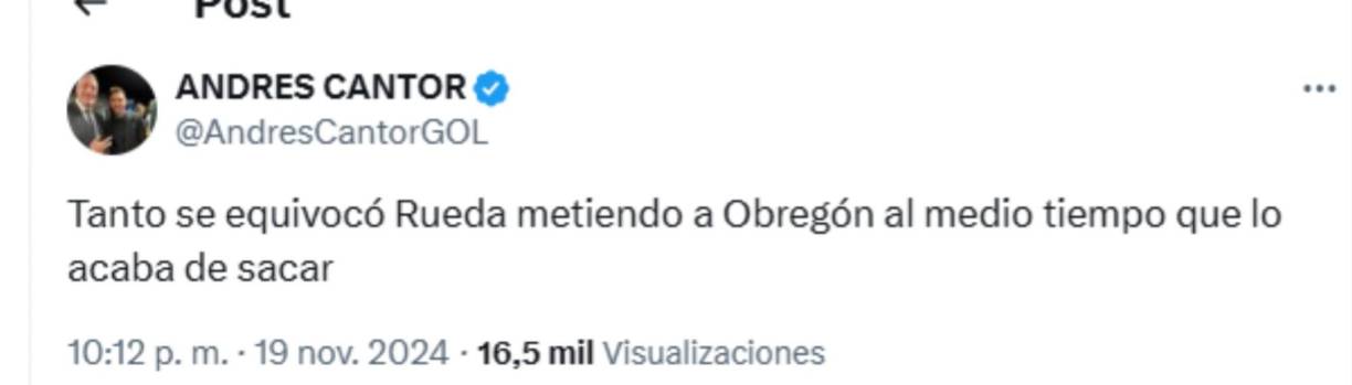Andrés Cantor de Telemundo señaló a Reinaldo Rueda por haber ingresado a Juan Carlos Obregón. 