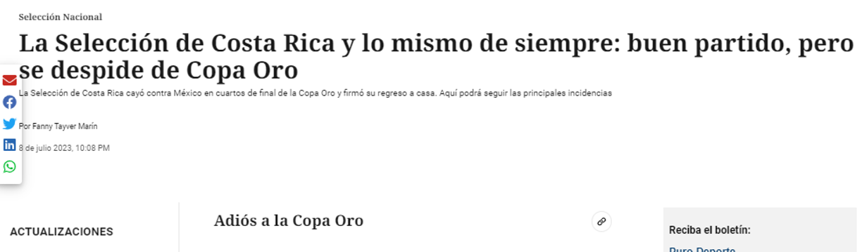 La Nación de Costa Rica publicó la eliminación de la Copa Oro 2023 esta manera,