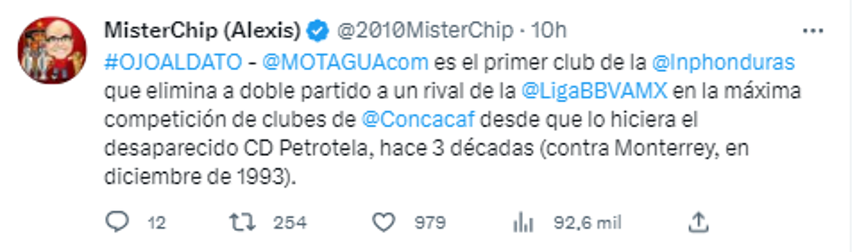 “Motagua es el primer club de Honduras que elimina a doble partido a un rival de la Liga MX en la máxima competición de clubes de Concacaf desde que lo hiciera el desaparecido CD Petrotela, hace 3 décadas (contra Monterrey, en diciembre de 1993)”, agregó.
