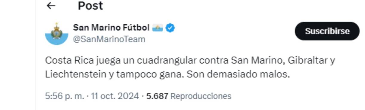 La peculiar cuenta de San Marino, administrados por argentinos, se mofó del bajo nivel que muestra la selección de Costa Rica.