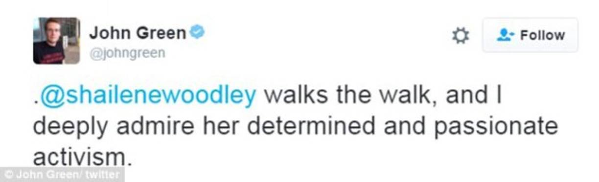 También John Green, escritor de Bajo la misma estrella, admiró la valentía de Shailene Woodley.<br/>