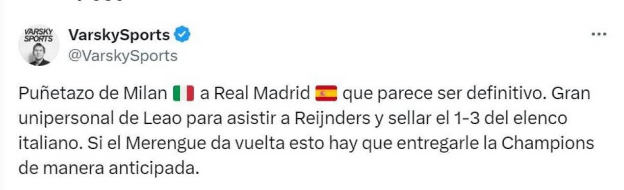 VarskySports señaló: “un puñetazo de Milan a Real Madrid”.