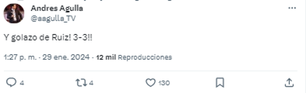 El periodista Andrés Agulla también resaltó el golazo del hondureño David Ruiz.