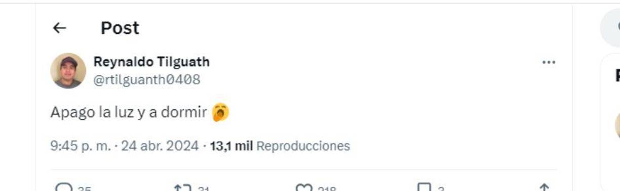 Reynaldo Tilguath, DT del Génesis, se expresó en sus redes sociales.