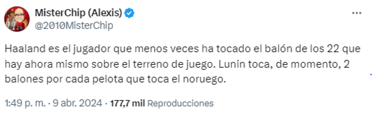 Misterchip y su dato sobre Haaland previo al descanso. ¡Fue el que menos tocó el balón!