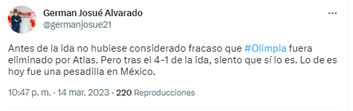 German Alvarado, de GOLAZO: “Antes de la ida no hubiese considerado fracaso que Olimpia fuera eliminado por Atlas. Pero tras el 4-1 de la ida, siento que sí lo es. Lo de es hoy fue una pesadilla en México”.