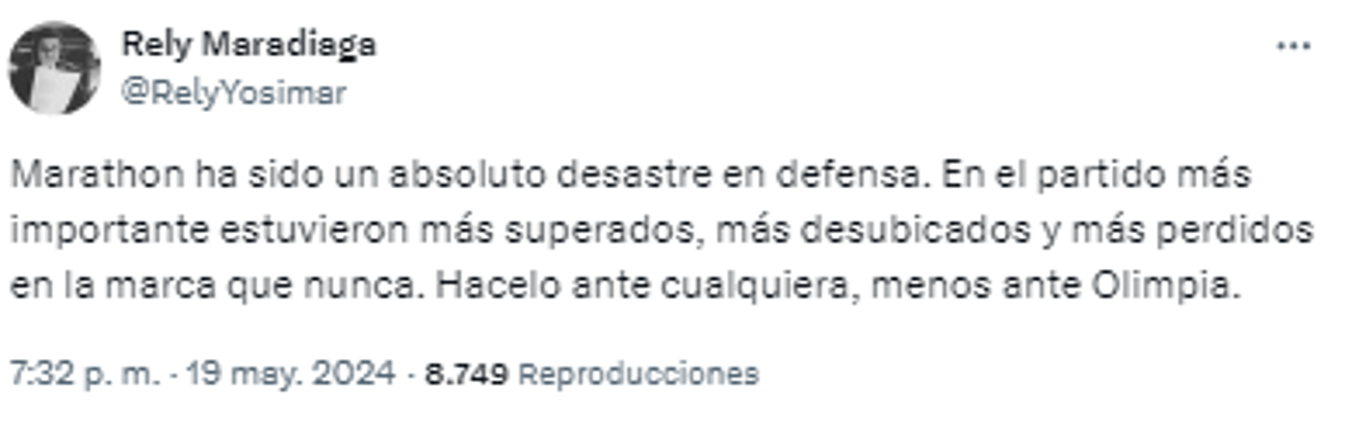 “Marathon ha sido un absoluto desastre en defensa. En el partido más importante estuvieron más superados, más desubicados y más perdidos en la marca que nunca. Hacerlo ante cualquiera, menos ante Olimpia”, Rely Maradiaga.