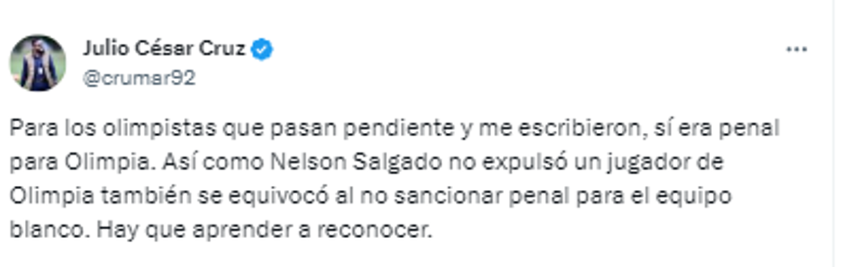 Asimismo, reconoció que “sí era penal para Olimpia. Así como Nelson Salgado no expulsó un jugador de Olimpia también se equivocó al no sancionar penal para el equipo blanco”.