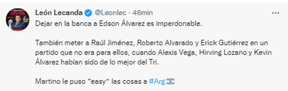 Asimismo, León Lecanda, quien considera que los cambios de México en el partido le facilitaron las cosas a la Albiceleste. 