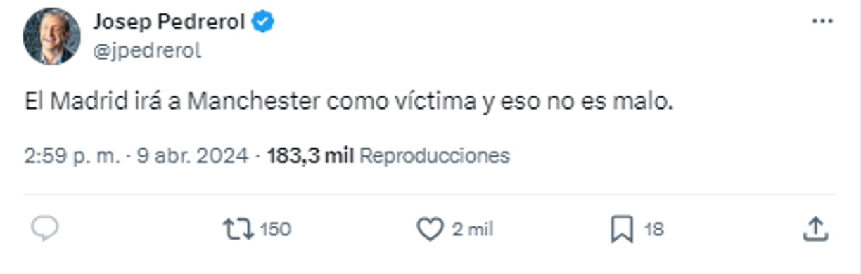Josep Pedrerol de El Chiringuito de España: “El Madrid irá a Manchester como víctima y eso no es malo”.