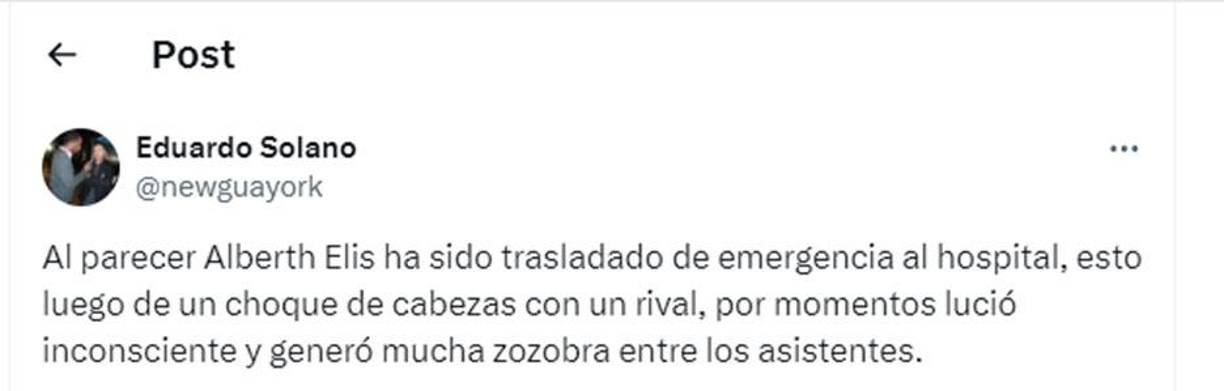 El periodista Eduardo Solano informó que Alberth Elis fue traslado a un hospital.