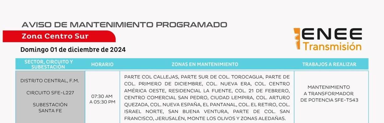 Tegucigalpa será la ciudad más afectada por las interrupciones de este domingo 1 de diciembre de 2024 en Honduras. 